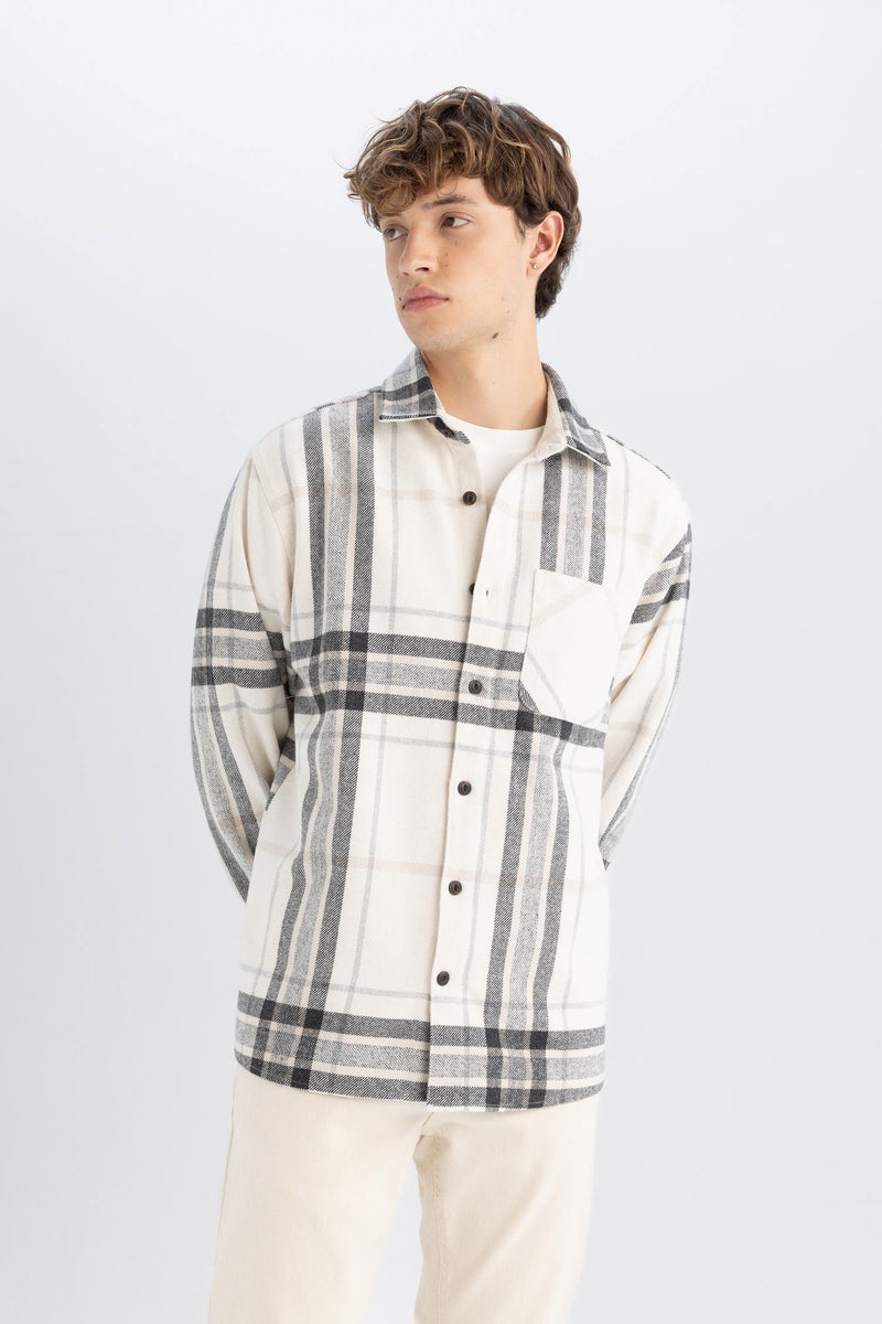 DeFacto Beige Man Regular Fit Polo Neck Plaid Long Sleeve Shirt Casual - Image 4